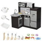 Qaba Kids Kitchen Playset with Microwave Fridge - Dark Brown-Packed with all the essential play tools and accessories 
