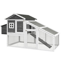 PawHut 69" Wooden Hen House with Run, Nesting Box and Tray - Grey-Quality fir wood construction with elevated house, nesting box, run, ramp, and doors 