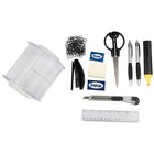 JAM Paper Desk Organizer Supply Set - 5 x 5 x 5 - Round - Clear-Supplies include set of paperclips and staples, mini stapler, eraser, post it notes, one pair of scissors, two pens, yellow highlighter, 6 inch ruler, and box cutter