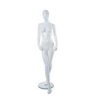 Mannequin abstrait femme adulte avec base en verre Can-Bramar, 70 po de hauteur, blanc brillant (RPFA-8)-Bras tendus pour faciliter l’habillage