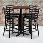 Flash Furniture 30" Round Walnut Laminate Table Set with X-Base & 4 Ladder Back Metal Barstools - Black Vinyl Seat-Set Includes 4 Barstools, Round Table Top and X-Base