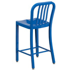 Flash Furniture Commercial Grade 24" High Blue Metal Indoor-Outdoor Counter Height Stool with Vertical Slat Back - 2 Pack-Ergonomic Contoured Seat