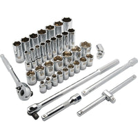 Dynamic Tools 1/2" Drive 38 Piece 6 Point, Standard/Deep, SAE Socket Set, 3/8 - 1-5/16"-Contains: 16 Standard SAE Sockets: 3/8", 7/16", 1/2", 9/16", 5/8", 11/16", 3/4", 13/16", 7/8", 15/16", 1", 1-1/16", 1-1/8", 1-3/16", 1-1/4", 1-5/16", 16 Deep SAE Sockets: 3/8", 7/16", 1/2", 9/16", 5/8", 11/16", 3/4", 13/16", 7/8", 15/16", 1", 1-1/16", 1-1/8", 1-3/16", 1-1/4", 1-5/16", 5" & 10" Extensions, 45 Tooth Ratchet, Universal Joint, Flex Handle, T-handle