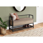 Monarch Specialties 4501 42"L Bench - Dark Taupe Storage/Black Metal-Squared solid wood legs and backrest supports in a natural finish provide stability