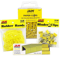 JAM Paper Desk Supply Assortment Pack, 1 pack Rubber Bands, Binder Clips, Staples, Paperclips, Yellow, 4/Pack (3345YEASRTD)-Assortment of Four Different Yellow Desk Supplies