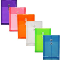 JAM Paper Plastic Envelopes with Button and String Tie Closure, Open End, 6.25x9.25, Assorted Colours, 18 Pack (472B1assrtdg)-Assortment of Six Medium Size Open End Poly Button and String Envelopes: Clear, Red, Blue, Green, Orange, and Purple
