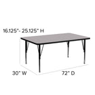 Flash Furniture 30"W x 72"L Rectangular Grey Thermal Laminate Activity Table - Height Adjustable Short Legs-Black Edge Band