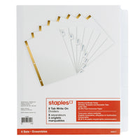 Staples Erasable 8-Tab Dividers - White - 4 Pack-Write on the laminated tab with virtually any instrument