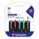 Verbatim Store 'n' Go V3 32GB USB 3.2 Gen 1 Flash Drives - Assorted - 5 Pack-Retractable USB connector means no cap to lose