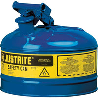 Justrite Type I Safety Cans without Funnel, 2.5 Gal, 11 3/4" x 11 1/2", Blue-Compliant Type I Safety Cans are designed with a single spout for filling and pouring of all types of flammable liquids