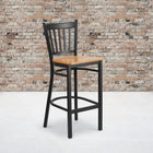 Flash Furniture HERCULES Series Black Vertical Back Metal Restaurant Barstool - Natural Wood Seat-Two Curved Support Bars
