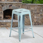 Flash Furniture Commercial Grade 24" High Backless Distressed Green-Blue Metal Indoor-Outdoor Counter Height Stool-Seat Drain Hole assists in drying