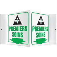 Accuform Signs "Premier Soins" Projection Sign, 6" x 8-1/2", Plastic, French With Pictogram-Display Type Bolt-On