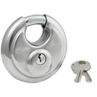 Master Lock 70mm Wide Stainless Steel Shrouded Discus Keyed Padlock-2-3/4in (70mm) Wide stainless steel lock body resists corrosion