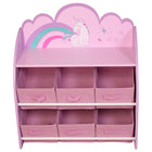 Danawares - Licorne Orgaiseur de Jouets Bibliotheque avec 6 Bacs en Tissu - Rose-Robuste & Solide: ce panneau de fibres de densité moyenne (MDF) de qualité E1 est fabriqué à partir d'un pin