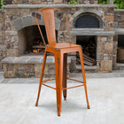 Flash Furniture Commercial Grade 30" High Distressed Orange Metal Indoor-Outdoor Barstool with Back-Floor Protector Rubber Glides