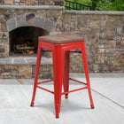 Flash Furniture 24" High Backless Metal Counter Height Stool with Square Wood Seat - Red-Textured Walnut Elm Wood Seat