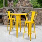 Flash Furniture 23.75" Square Yellow Metal Indoor-Outdoor Bar Table Set with 2 Stools with Backs-Set Includes Table and 2 Stools