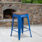 Flash Furniture 24" High Backless Metal Counter Height Stool with Square Wood Seat - Blue-Textured Walnut Elm Wood Seat