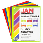 JAM Paper Laminated Glossy 2 Pocket School Presentation Folders, Assorted Primary Colours, 6 Pack-Capacity: 200 sheets