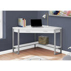 Monarch Specialties 7500 42" Computer Desk - White Corner/Silver Metal-Open and closed storage options include 1 storage drawer that is extra wide and equipped with 2 handles in a silver finish and metal drawer glides, and 1 bottom shelf with an L-shape