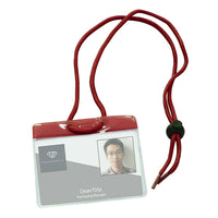 Beslayn Horizontal Heavy Duty Vinyl All-In-One Colour ID Badge Holder with Neck Cord, 3-5/8" x 2-5/8", Clear, Red, 50 Pack-All-in-one colour vinyl badge holders with adjustable neck cord