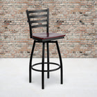 Flash Furniture HERCULES Series Black Ladder Back Swivel Metal Barstool - Mahogany Wood Seat-16 Gauge Steel Frame
