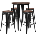Flash Furniture – Ensemble de table, hauteur de bar en métal/dessus en bois noir, ronde, 30 po, et 4 tabourets sans dossier-Acier noir/galvanisé, métal, plastique, caoutchouc, bois