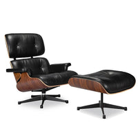 Nicer Furniture Modern Classic Lounge Chair & Ottoman Set - Tall - Black/Rosewood-Upholstered in 100% full-grain Italian Aniline Leather imported from Italy, the highest grade and most expensive leather available, only 5% of the world's leather falls into this category.