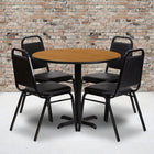Flash Furniture 36'' Round Natural Laminate Table Set with X-Base and 4 Black Trapezoidal Back Banquet Chairs-Set Includes 4 Banquet Chairs, Round Table Top and X-Base