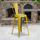 Flash Furniture Commercial Grade 30" High Distressed Metal Indoor-Outdoor Barstool with Back - Yellow-Floor Protector Rubber Glides