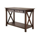 Winsome Xola Console Table With 2 Drawers, Cappuccino-Xola line is named for the contemporary X design for occasional tables.  The console/hall table is 45" L. x 21" W. x 30" H.  It has 2 storage Drawers with brushed pewter finish pulls.  The bottom shelf is meant to store books, magazines, games or display artwork.   Solid and composite wood sturdy constructions; it is finished in rich cappuccino stain.  Assembly required.