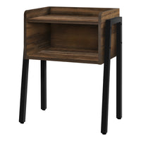 Monarch Specialties 3583 Accent Table - 23"H/Brown Reclaimed-Look/Black Metal-2-tier rectangular accent table in a brown reclaimed wood-look finish featuring a tray-style tabletop with raised edges on the sides and back, rounded front edges, and 1 storage cubby