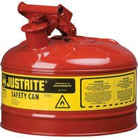 Justrite Type I Safety Cans without Funnel, 2.5 Gal, 11 3/4" x 11 1/2", Red-Compliant Type I Safety Cans are designed with a single spout for filling and pouring of all types of flammable liquids