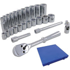 Gray Tools 26 Piece 3/8" Drive 6 Point SAE, Standard & Deep, Chrome Socket & Attachment Set-Contains: Standard 3/8", 7/16", 1/2", 9/16", 5/8", 11/16", 3/4", 13/16", 7/8", 15/16", 1" sockets, Deep: 3/8", 7/16, 1/2", 9/16", 5/8", 11/16", 3/4", 13/16", 7/8", 15/16", 1" sockets, Reversible Ratchet, U-Joint and 3" & 6" Extensions.