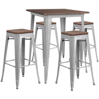 Flash Furniture 31.5" Square Silver Metal Bar Table Set with Wood Top & 4 Backless Stools-Bar Height Table and Stool Set