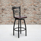 Flash Furniture HERCULES Series Black "X" Back Swivel Metal Barstool - Mahogany Wood Seat-.625'' Thick Plywood Seat