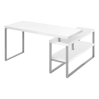 Monarch Specialties 7585 60" Computer Desk - White/Silver Metal L/R Corner-L-shaped computer desk with storage featuring thick-panel construction in a white finish with silver metal frame