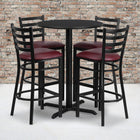 Flash Furniture – Ens. table ronde stratifiée, 30 po, noir, base en X, 4 tabourets à dossier échelle, siège bourgogne en vinyle-L’ensemble comprend 4 tabourets, un dessus de table rond et une base en X