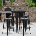 Ensemble de table de bar ronde en métal noir avec 4 tabourets carrés, intérieur/extérieur, 30 po (CH-51090BH-4-30SQST-BK-GG)-30 larg. x 30 prof. x 41 haut. (po)