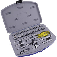 Gray Tools 27 Piece 1/4" Drive, 6 Point SAE & Metric Standard, Chrome Socket & Attachment Set-Contains: 4, 5, 6, 7, 8, 9, 10, 11, 12, 13mm, 3/16", 7/32", 1/4", 9/32", 5/16", 11/32", 3/8", 7/16", 1/2", 9/16" sockets, 20 Tooth Ratchet, Flex Handle, 2", 3" & 6" Extensions, U-Joint and Hand Driver.