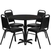 Flash Furniture 36" Round Black Laminate Table Set with X-Base & 4 Black Trapezoidal Back Banquet Chairs-Table and Chair Set