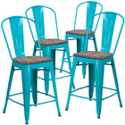 Flash Furniture - Tabouret à hauteur de comptoir de 24 po haut. en métal Sarcelle-bleu cristal avec dossier et siège en bois-Ensemble de 4 tabourets de style bistro