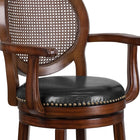 Flash Furniture 30" High Expresso Wood Barstool with Arms, Woven Rattan Back & Black LeatherSoft Swivel Seat-Curved Arms