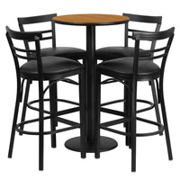 Flash Furniture 24'' Round Natural Laminate Table Set with Round Base and 4 Ladder Back Metal Bar Stools, Black Vinyl Seat-Black Powder Coated Chair and Table Frame