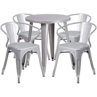 Ensemble avec table ronde en métal argenté et 4 sièges à bras ajourés, intérieur/extérieur, 24 po (CH-51080TH-4-18ARM-SIL-GG)-Ensembles pour l’intérieur et l’extérieur