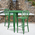 30'' Round Green Metal Indoor-Outdoor Bar Table Set with 2 Vertical Slat Back Barstools [CH-51090BH-2-30VRT-GN-GG]-30"W x 30"D x 41"H