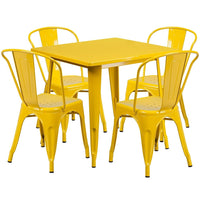 Flash Furniture 31.5'' Square Yellow Metal Indoor-Outdoor Table Set with 4 Stack Chairs (ET-CT002-4-30-YL-GG)-Galvanized Steel, Metal, Rubber