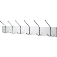 Safco Costumers, Wall Mounted, 6-Hooks, Chrome-Chrome-plated double steel hooks mounted on a satin aluminum back plate