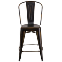 Tabouret à hauteur de comptoir pour l'intérieur et l'extérieur de 24 po haut. en métal cuivré vieilli avec dossier-Ensemble de 4 tabourets de style bistro